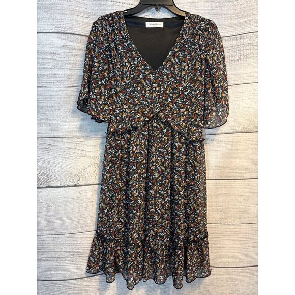 Manydress V Neck Chiffon 3/4 Ruffle Bell Sleeve Dress Size M - Picture 1 of 3